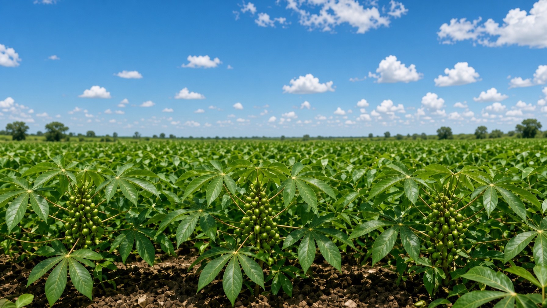 Sunlit cassava field with palmate leaves and green fruit clusters stretching to the horizon under a bright blue sky with scattered white clouds